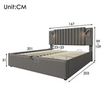 Upholstered Bed 160x200, Double Bed with Storage, Reading Light, Rivet Headboard, Gray Cotton