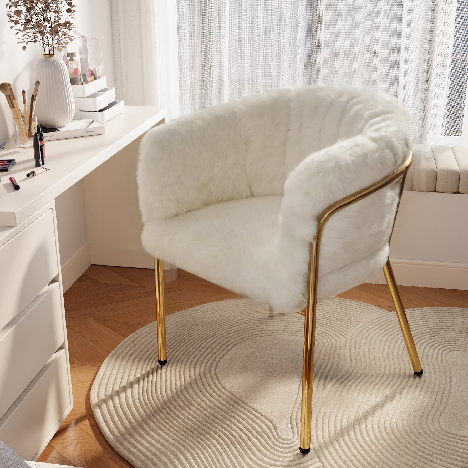 Leisure Chair, Single Dressing Dining Chair with 4 Metal Legs, Imitation Rabbit Down Beige