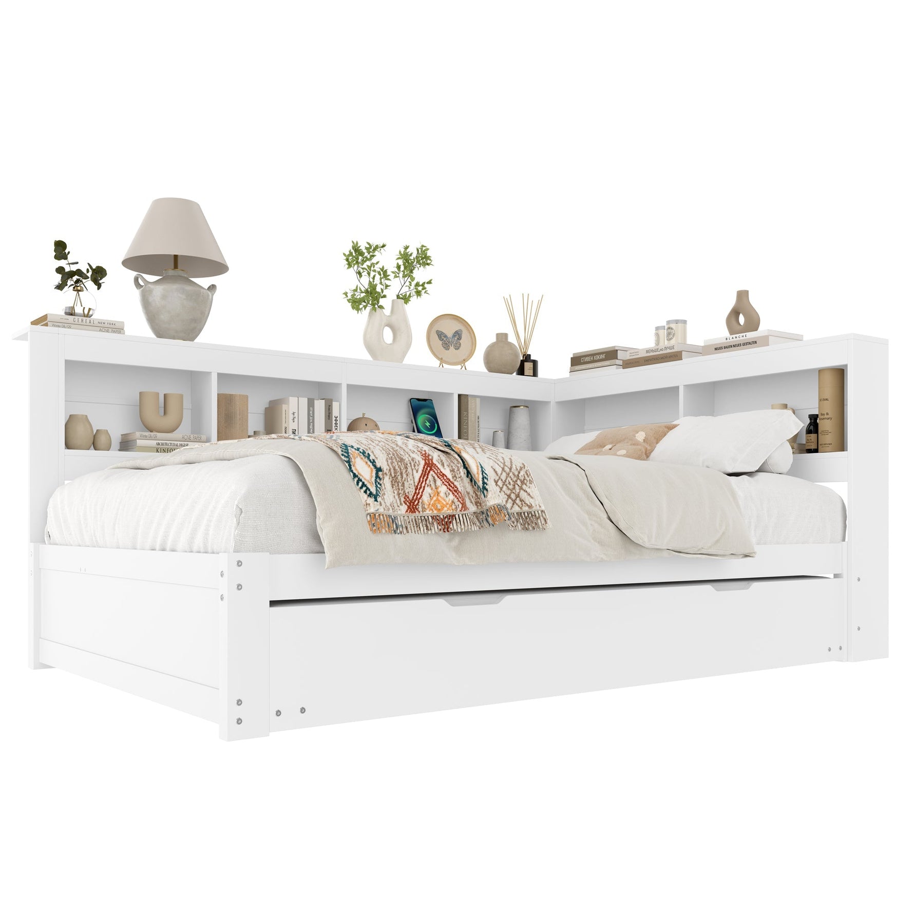 Daybed 140x200cm Pull-out Bed Power Outlet 2 USB - White Chipboard
