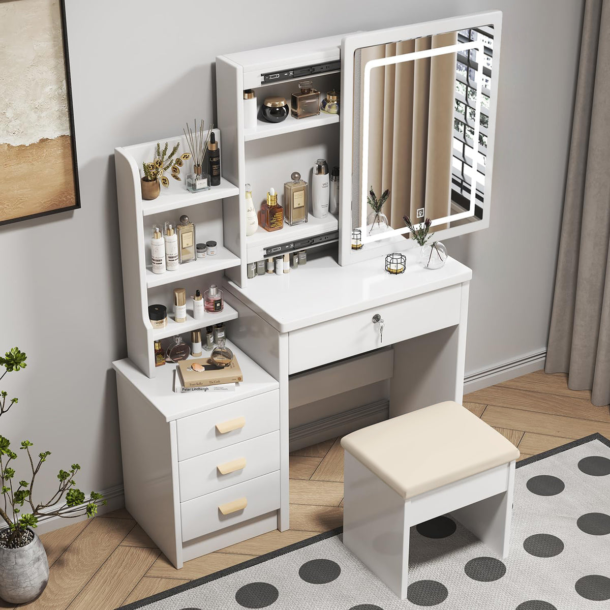 Dressing Table Set with 3-Color LED Mirror, Stool & 4 Drawers, White