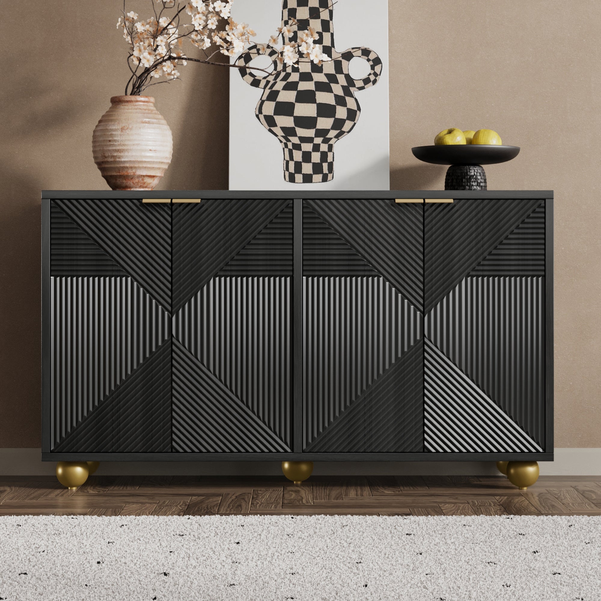 Sideboard with Four Molded Doors and Adjustable Shelves, Metal Handles and Ball-Shaped Legs
