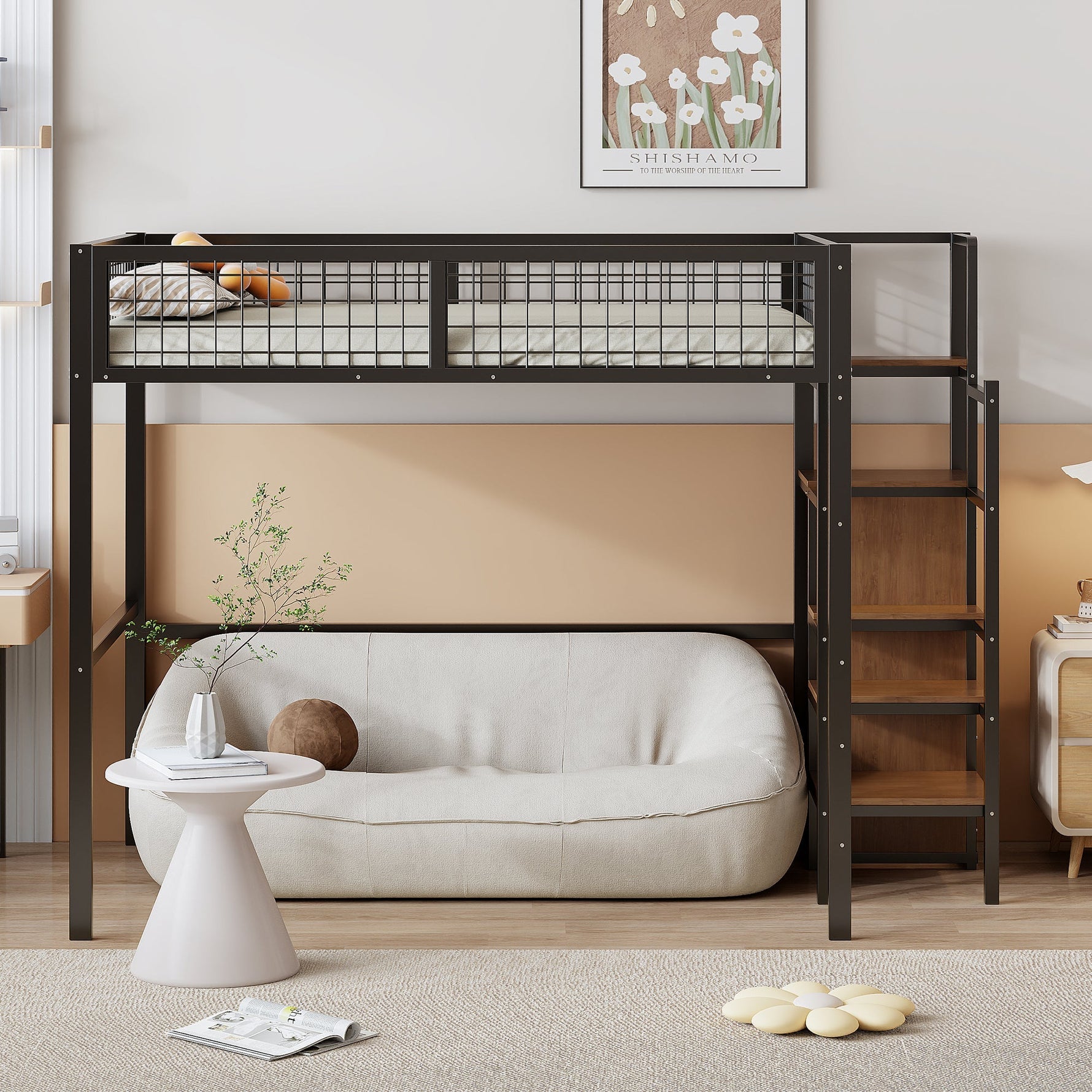 Loft Bed 140*200, Ladder & Storage, Iron Frame, Black