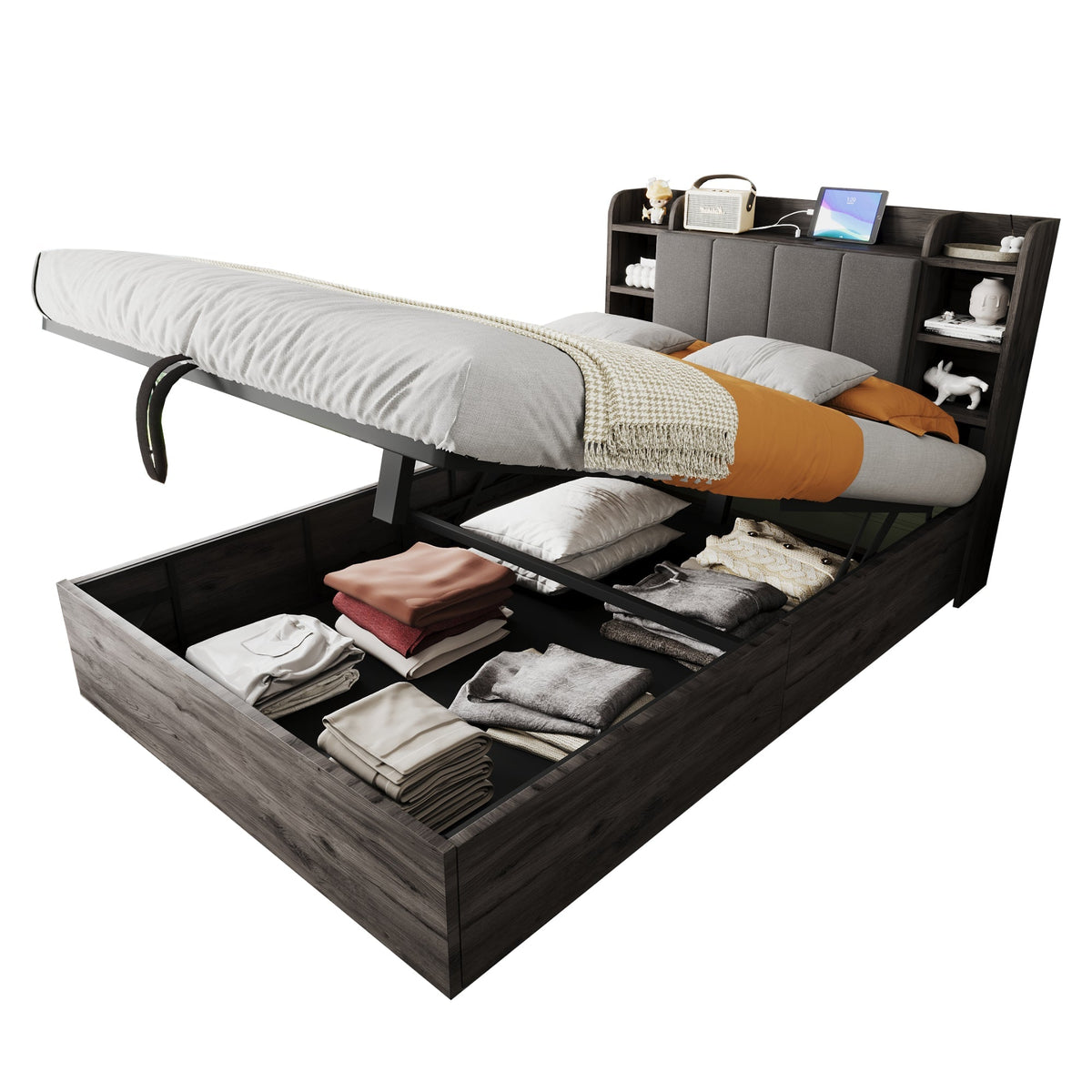 Wooden Bed, 140x200cm Hydraulic with Storage Headboard, USB & Type-C Socket, Grey