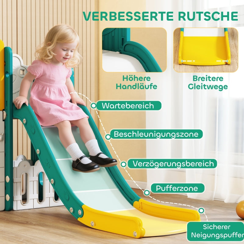 7-in-1 Toddler Slide Set with Basketball Hoop, Climbing Frame and Swing, Yellow and Green