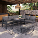 Garden Dining Set with Corner Sofa, Table and Bench, Seats 8, Grey Woven Steel