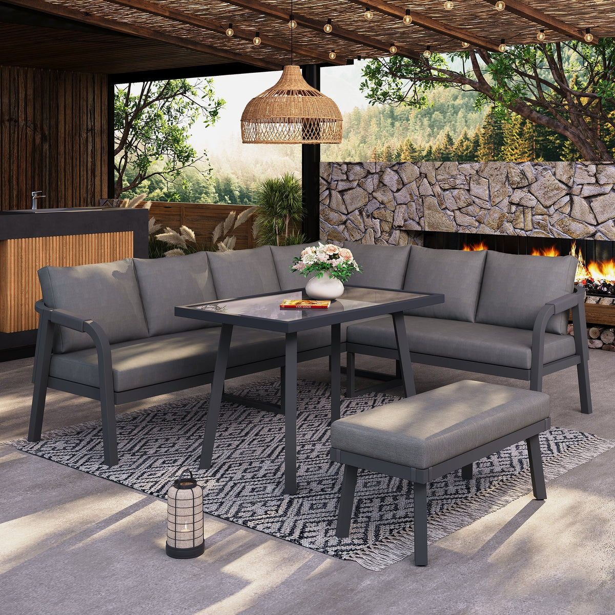 Garden Dining Set with Corner Sofa, Table and Bench, Seats 8, Grey Woven Steel