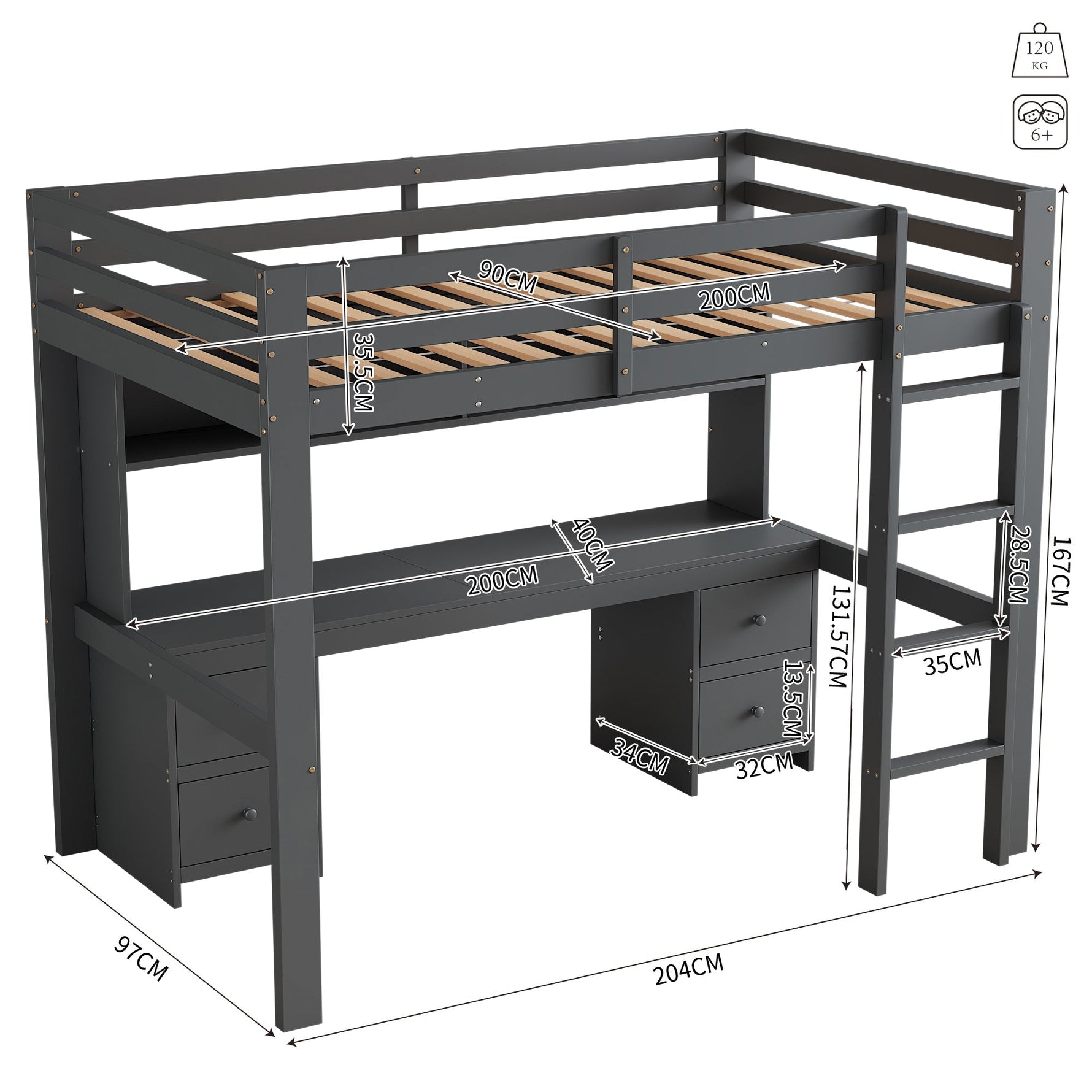 Loft Bed for Children with Desk and Storage, 90x200 cm, Grey