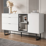 Sideboard Buffet Cabinet with 3 Drawers, Glass Doors and LED Lights, White Wood