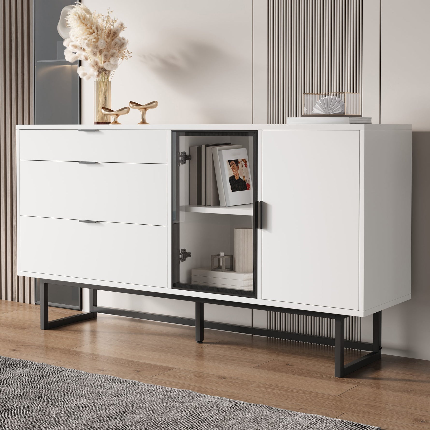 Sideboard Buffet Cabinet with 3 Drawers, Glass Doors and LED Lights, White Wood