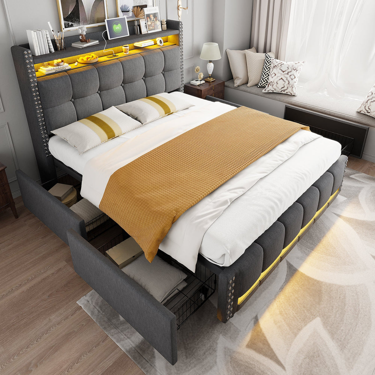 Upholstered Bed with LED, USB, Shelves & 4 Drawers, Gray Linen