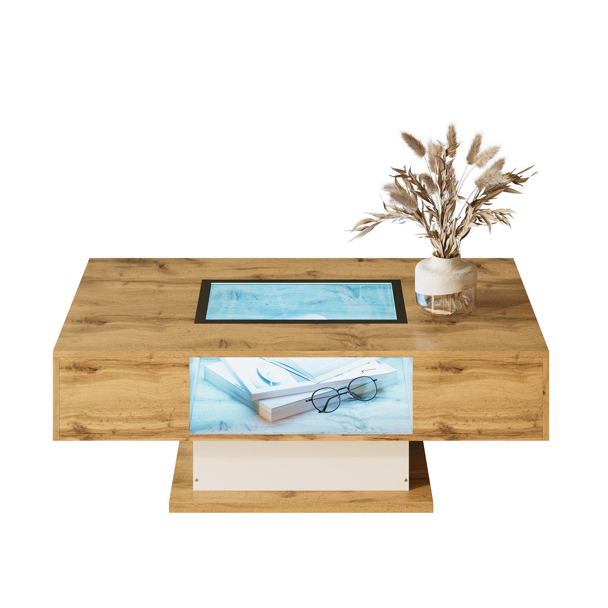 Coffee Table with Color-Changing LED Light, Glass, Two Drawers