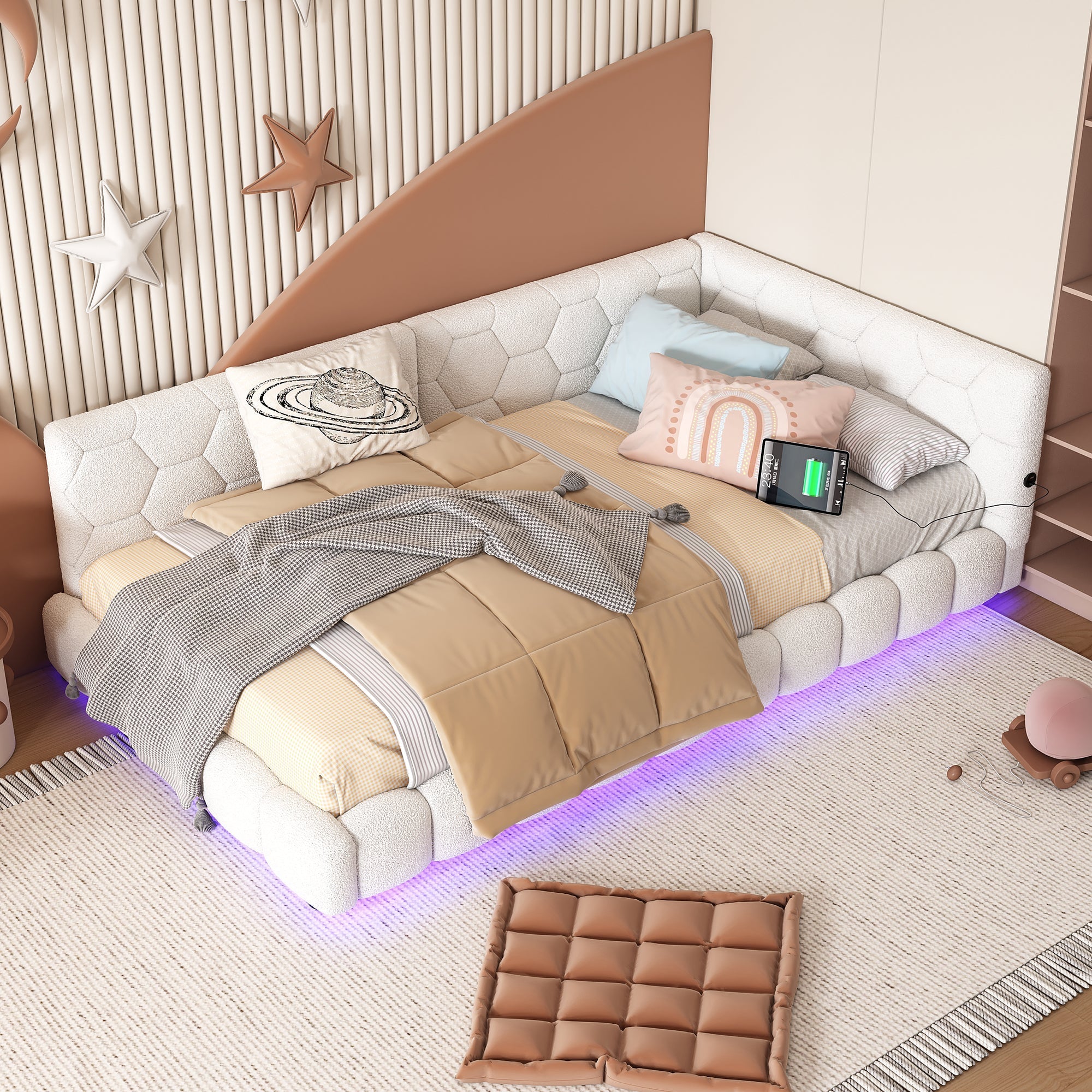 Daybed Sofa Bed 90x200cm 16 Color Ambient Light USB Type-C Fleece Imitation White