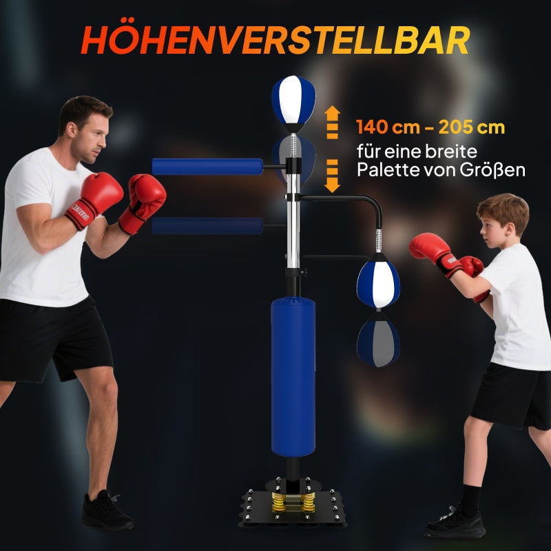 Boxing Stand Adjustable Height with Two Speedballs, Rotating Bar, Kick Pads Steel, Blue