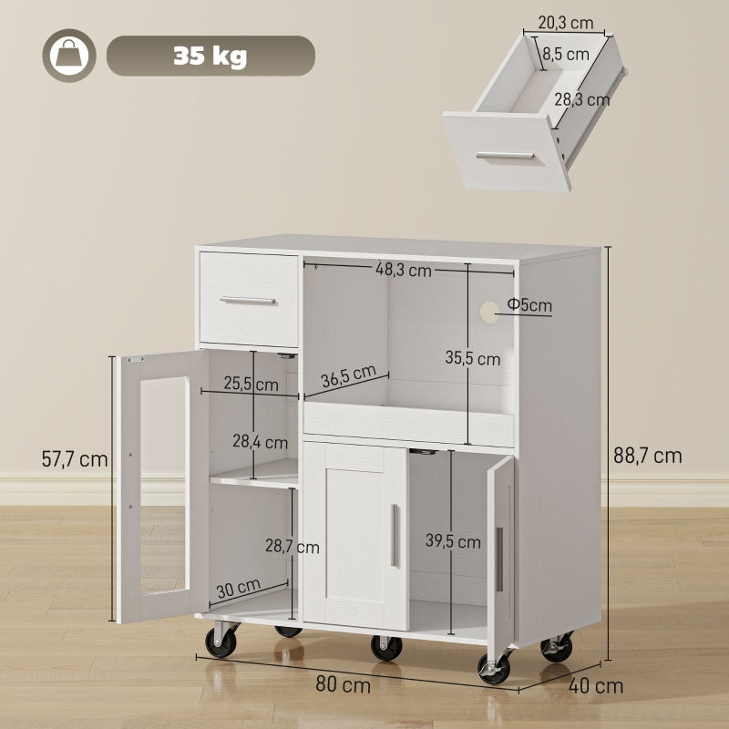 Mobile Kitchen Cabinet with Drawers, Shelves & Cable Hole - White