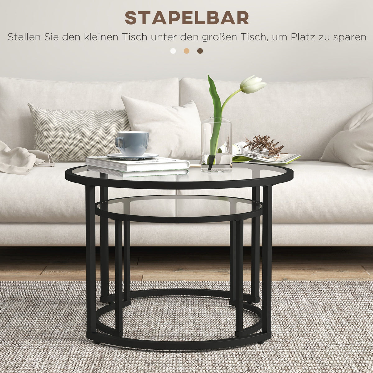 Coffee Table Set of 2, Stackable Side Tables, Black Steel & Tempered Glass