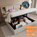 Double Bed, Wireless Charging USB C, Storage, 140x200cm, Wood-Natural Linen