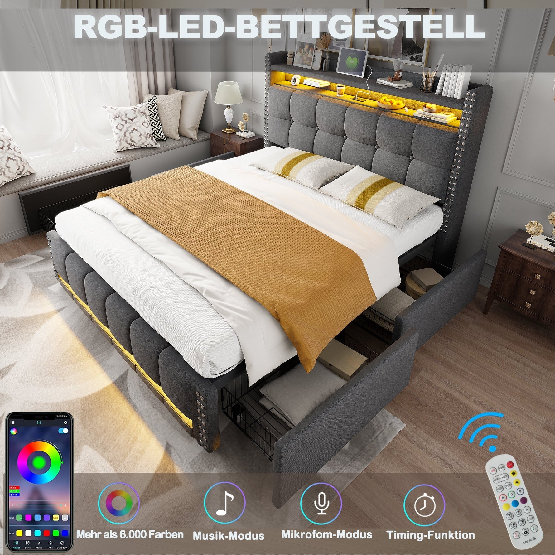 Upholstered Bed 140x200cm, LED & USB, 4-Drawer Storage, Linen Gray