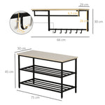 Hallway Wardrobe Set, 2-in-1, Bench & Coat Rack, 6 Hooks, Natural + Black