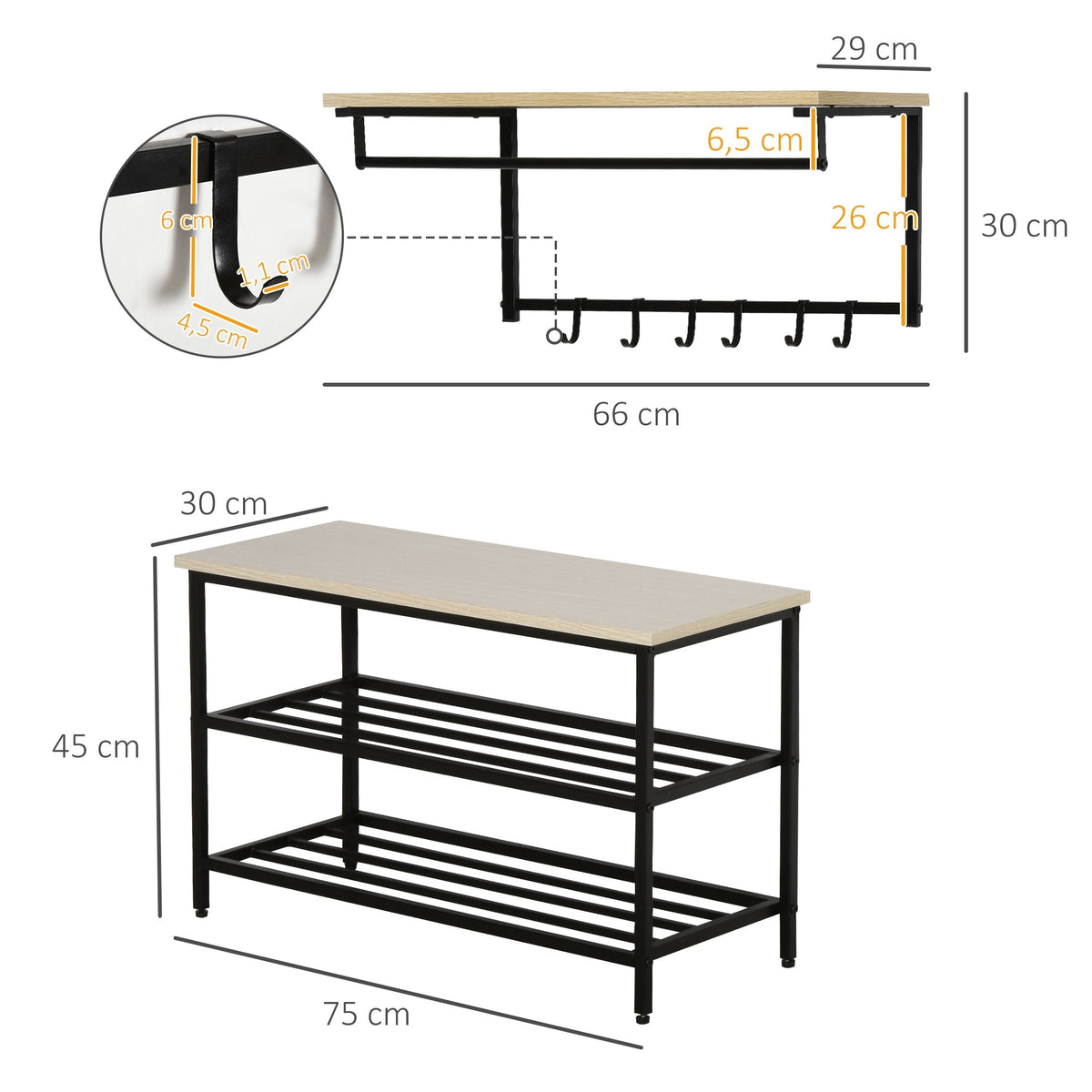 Hallway Wardrobe Set, 2-in-1, Bench & Coat Rack, 6 Hooks, Natural + Black