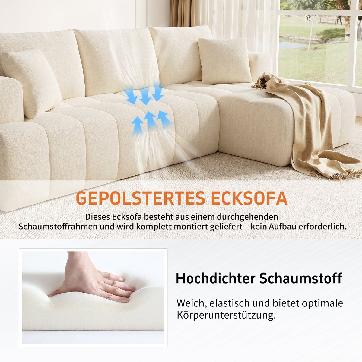 Cloud Modular L-Shaped Corner Sofa with Low-Profile Design, Beige Chenille