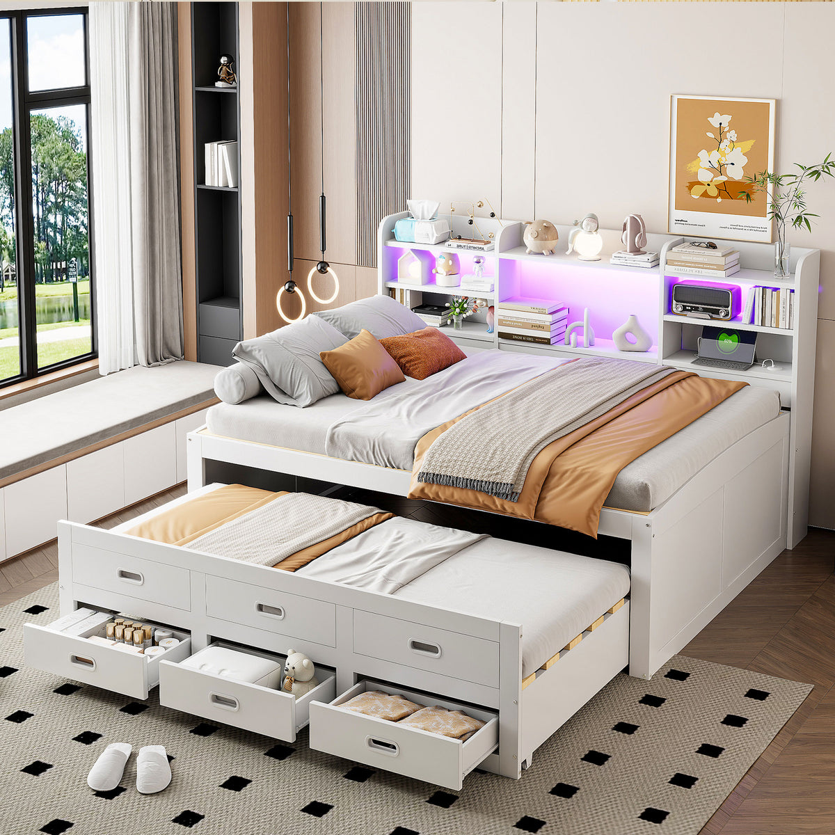 Sofa Bed 140x200cm with LED Lights & 3 Drawers, White