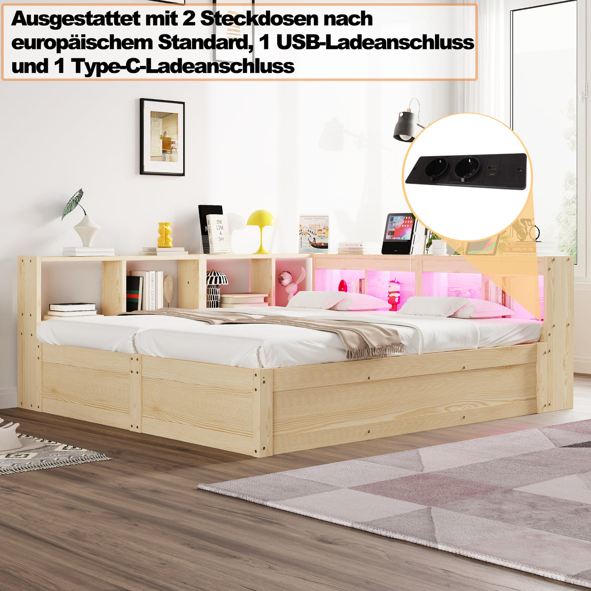 Extendable Sofa Bed 90/180x200cm with Storage & LED, Wood Color