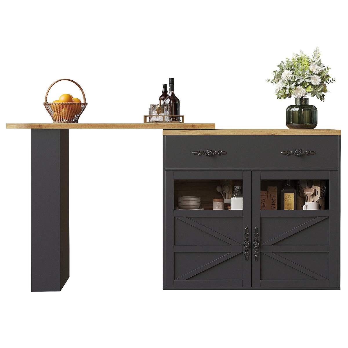 Bar Table Extendable 360° Rotating Storage Sideboard - Black