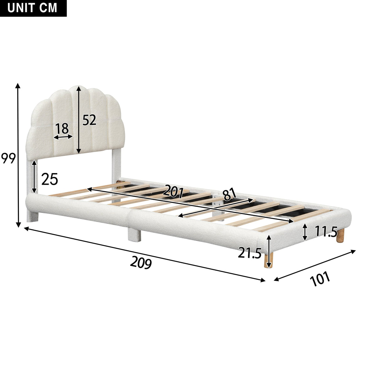 Children's Flat Bed 90x200cm Plush Cute Headboard - White