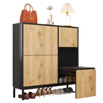 Shoe Cabinet with Changing Stool, 3 Flaps & Open Storage, Black + Wood Color