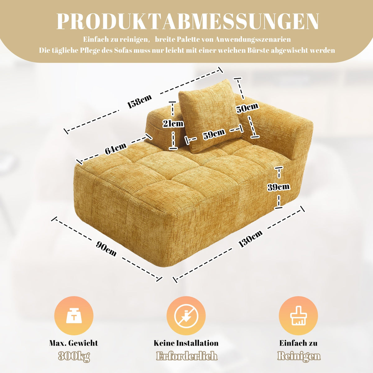 Chaise Longue Sofa, Soft with Side Pockets, No Assembly, Yellow