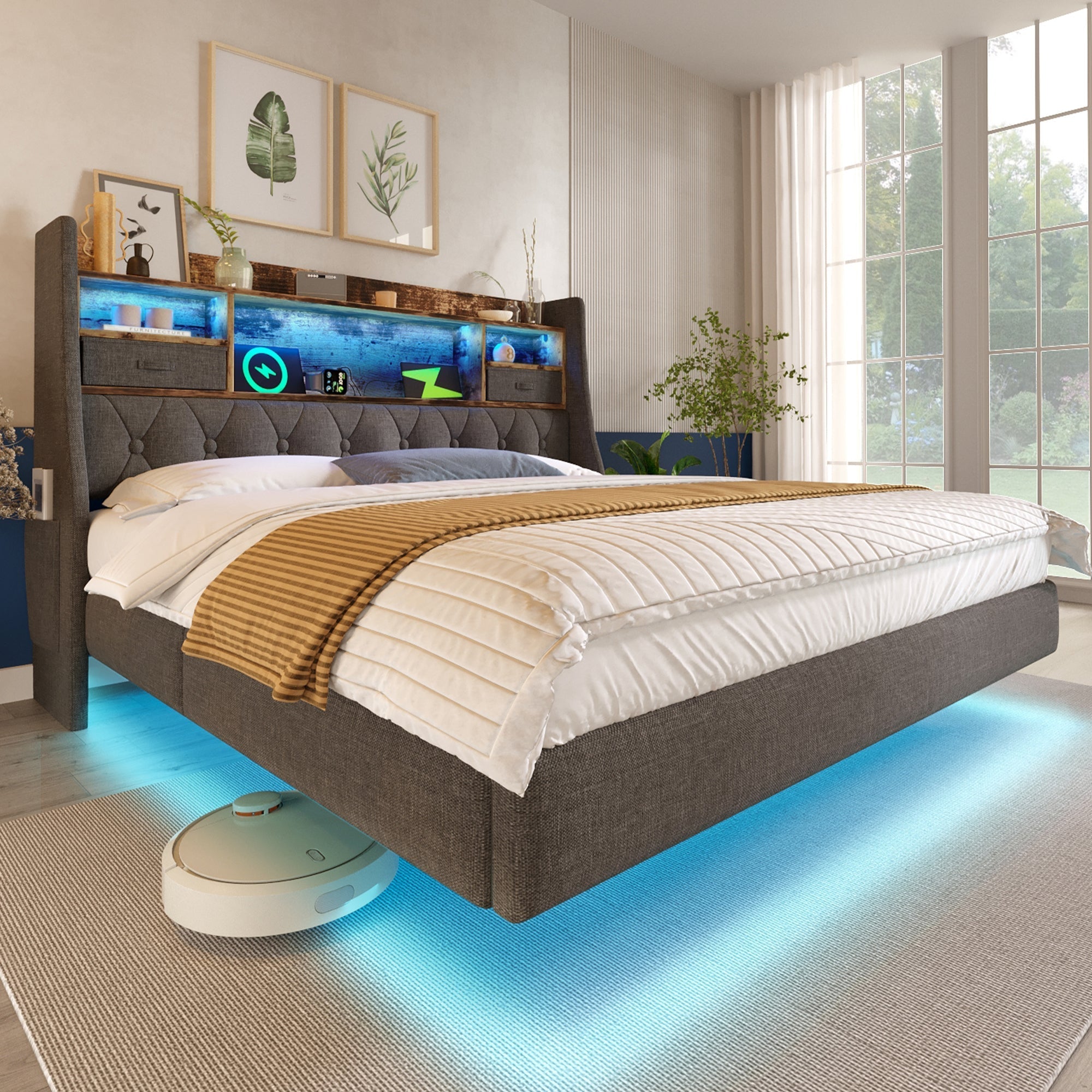 Upholstered Bed 180x200 Floating LED Charging Station Storage Headboard, Linen Grey