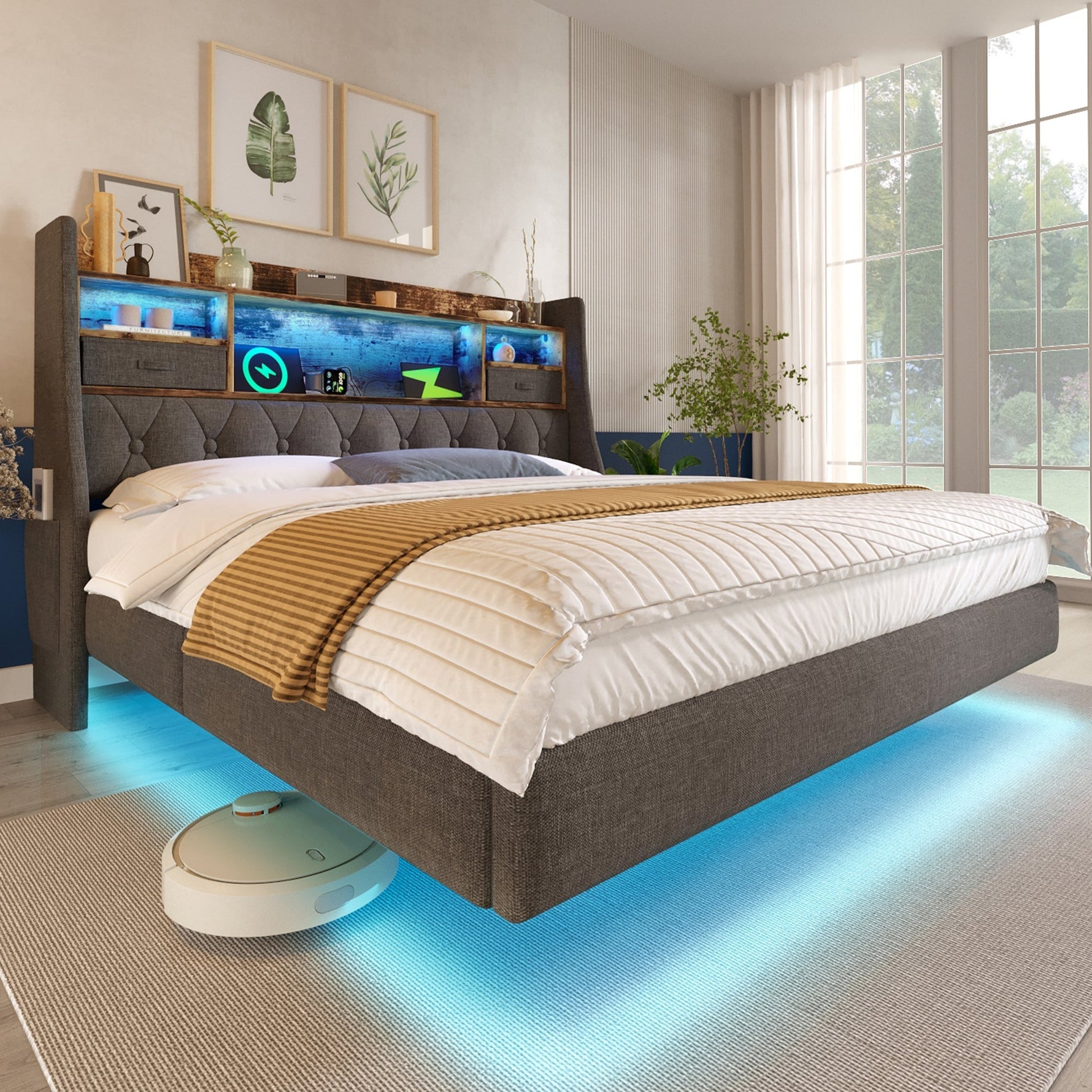 Upholstered Bed 180x200 Floating LED Charging Station Storage Headboard, Linen Grey