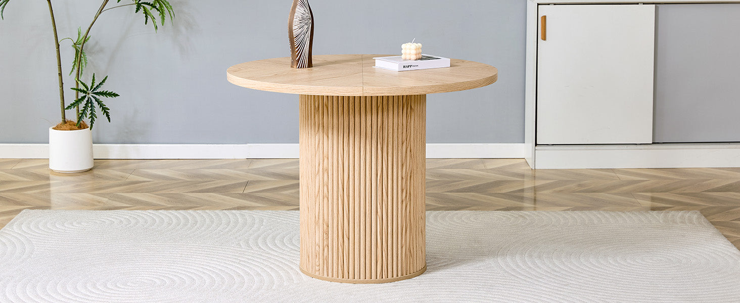 Round Dining Table 100cm MDF Storage 4-6 Seater - Light Wood Look