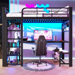 Loft Bed 90x200cm with LED Light & Desk - Black Metal
