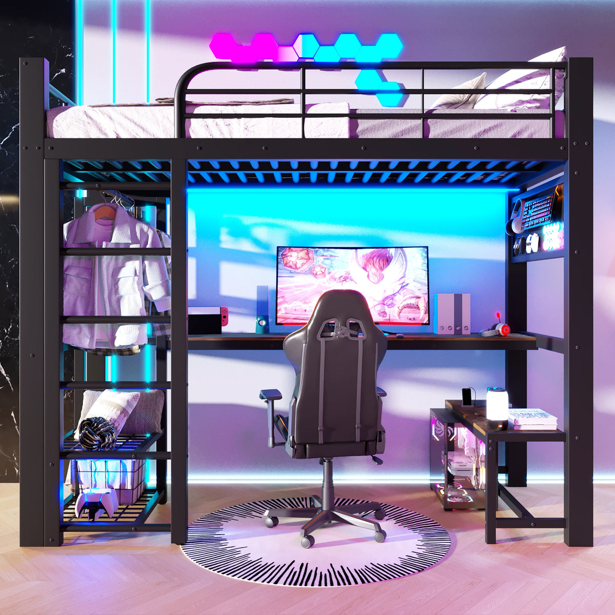 Loft Bed 90x200cm with LED Light & Desk - Black Metal
