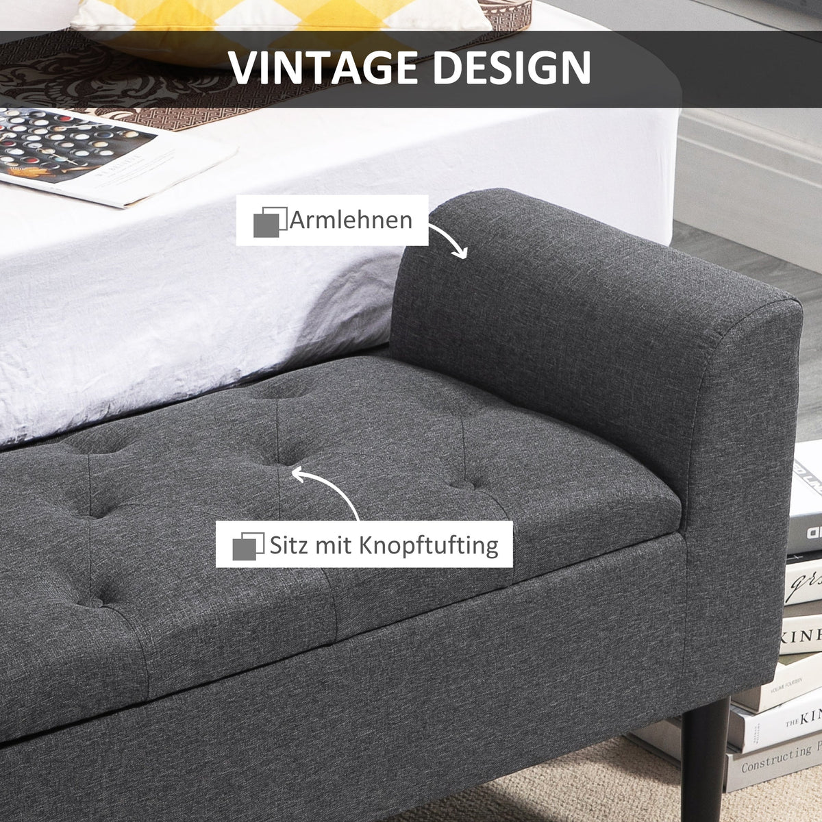 Bench with Storage, Upholstered Stool Chest, Dark Grey Linen