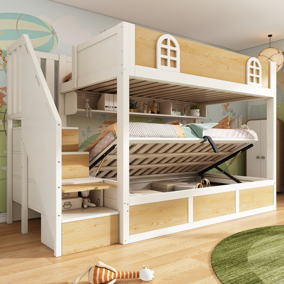 Children's Bunk Bed 90x200cm with Storage Staircase, White & Natural