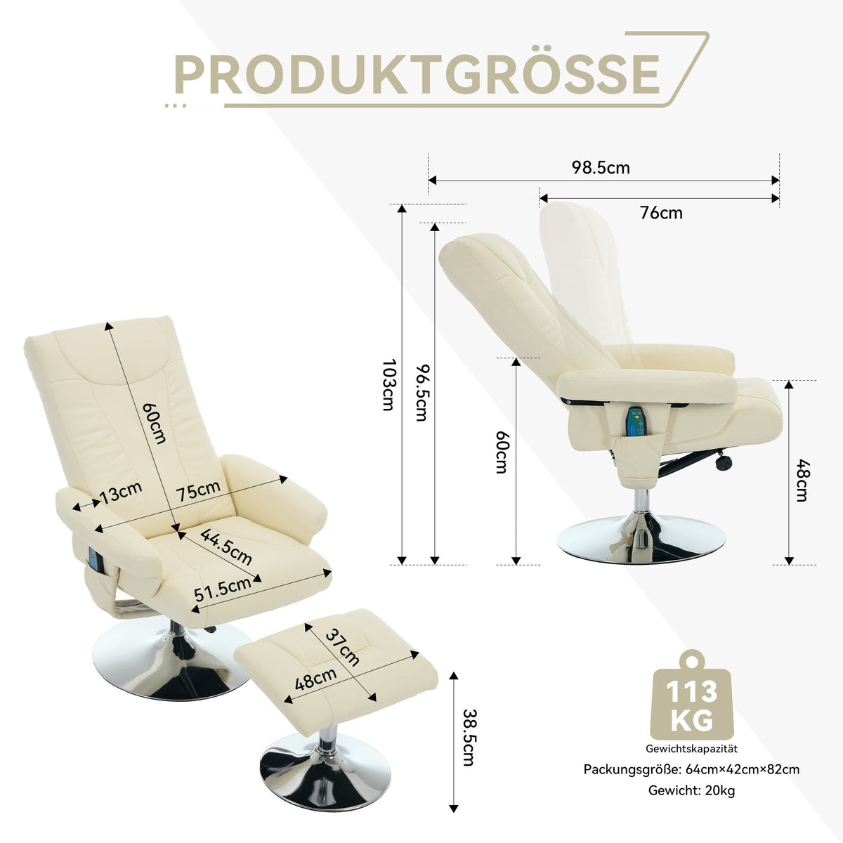 Recliner Chair with 5-Point Massage, Electric Heating, 360° Swivel, PU Fabric Beige