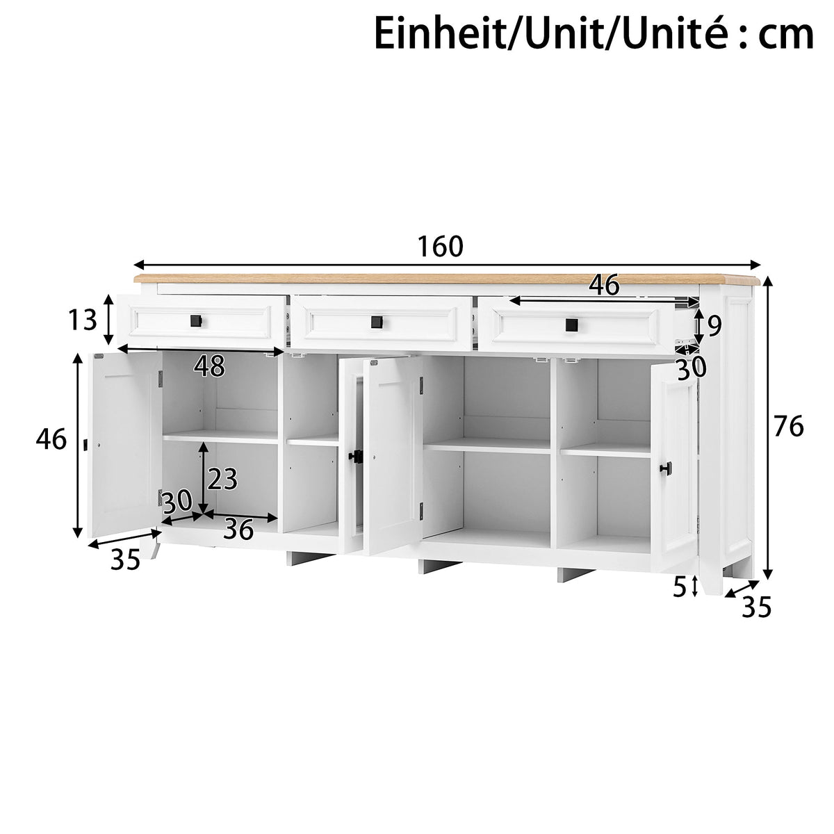 Sideboard Cabinet Buffet Storage Set, 160L x 35W x 76H cm, Modern and Simple White MDF