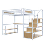 Metal Loft Bed 140x200 Storage Ladder Shelves Table, White