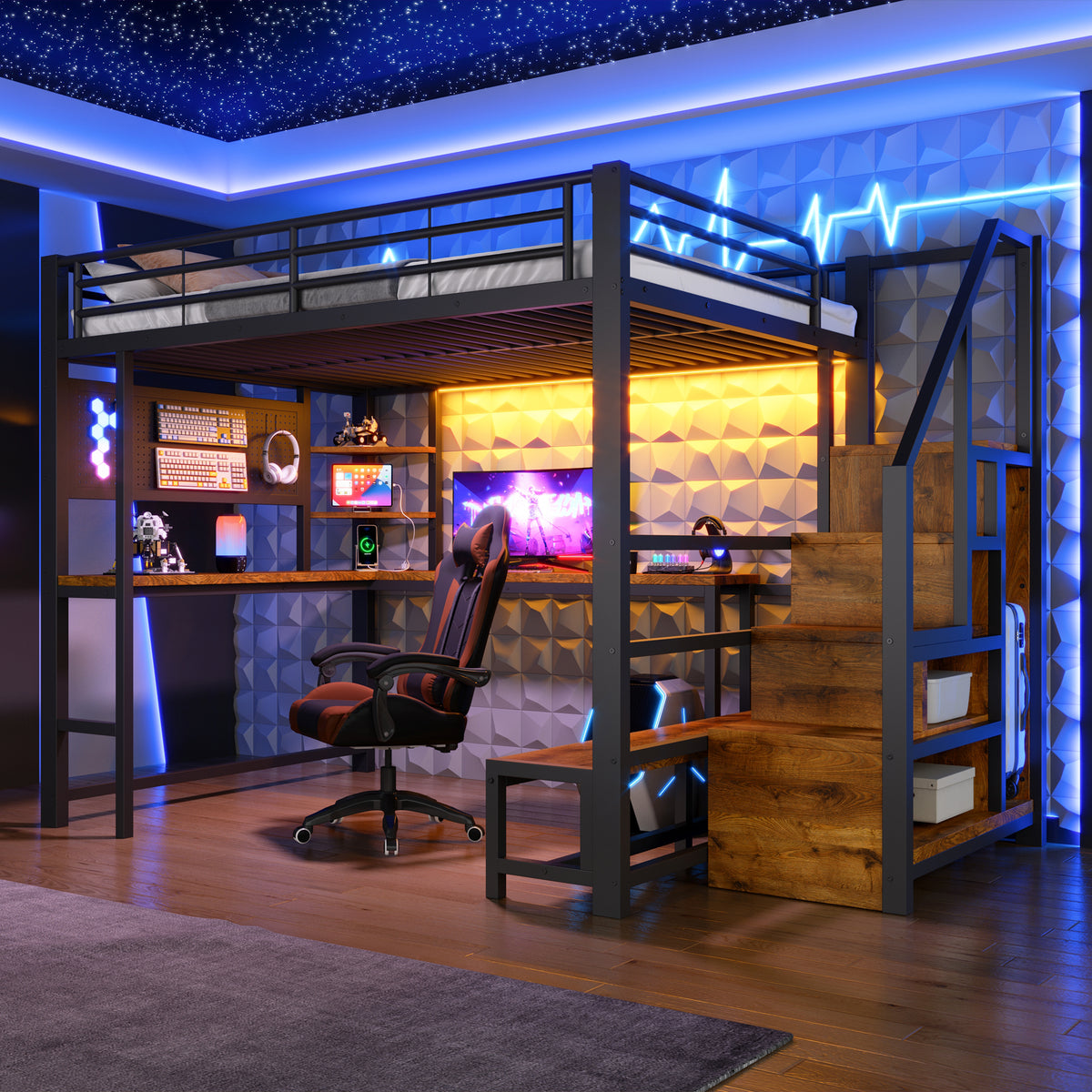 Loft Bed 140x200cm with Desk, LED Light & Storage, Black