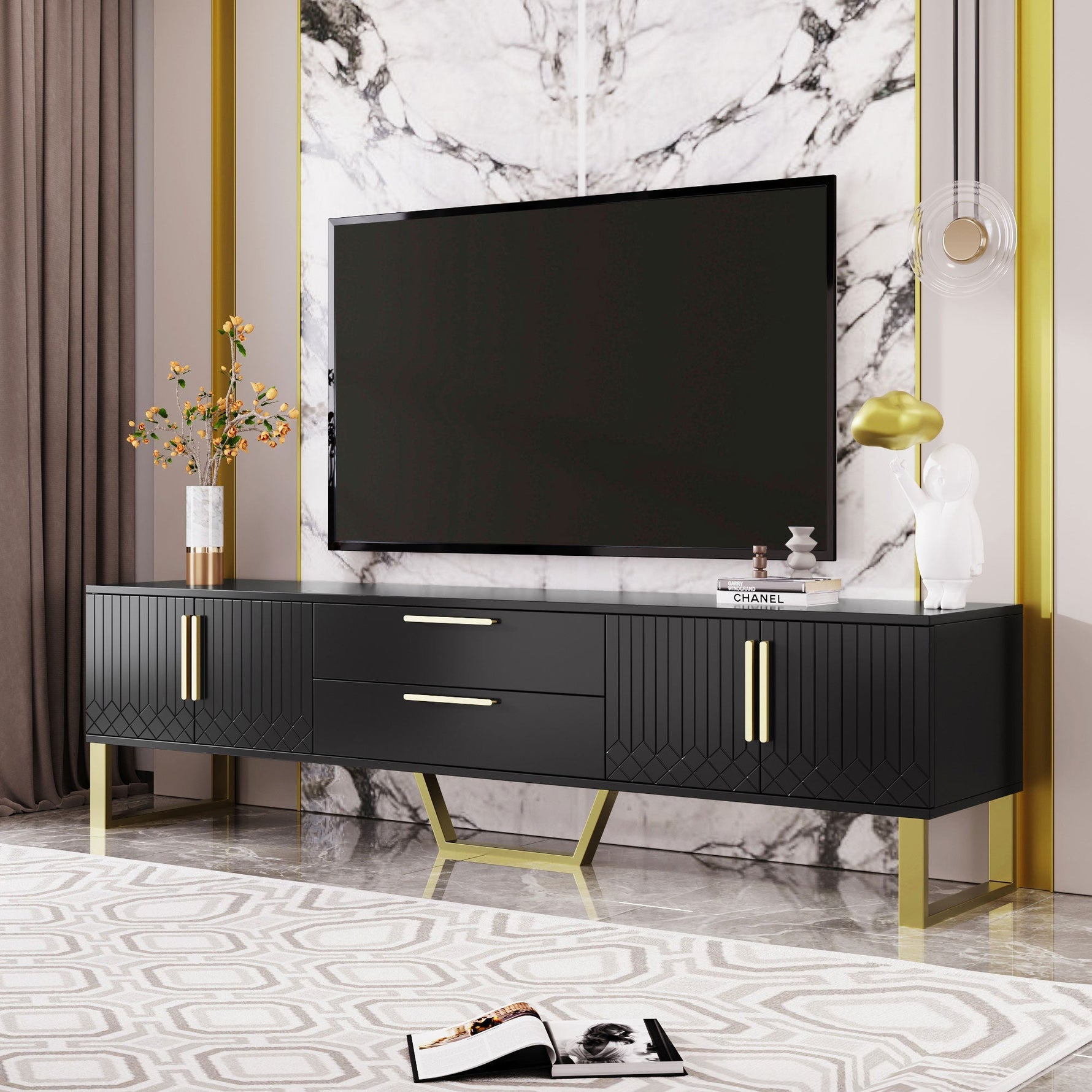TV Cabinet High-Gloss Engraved Door Storage Gold Handles/Feet