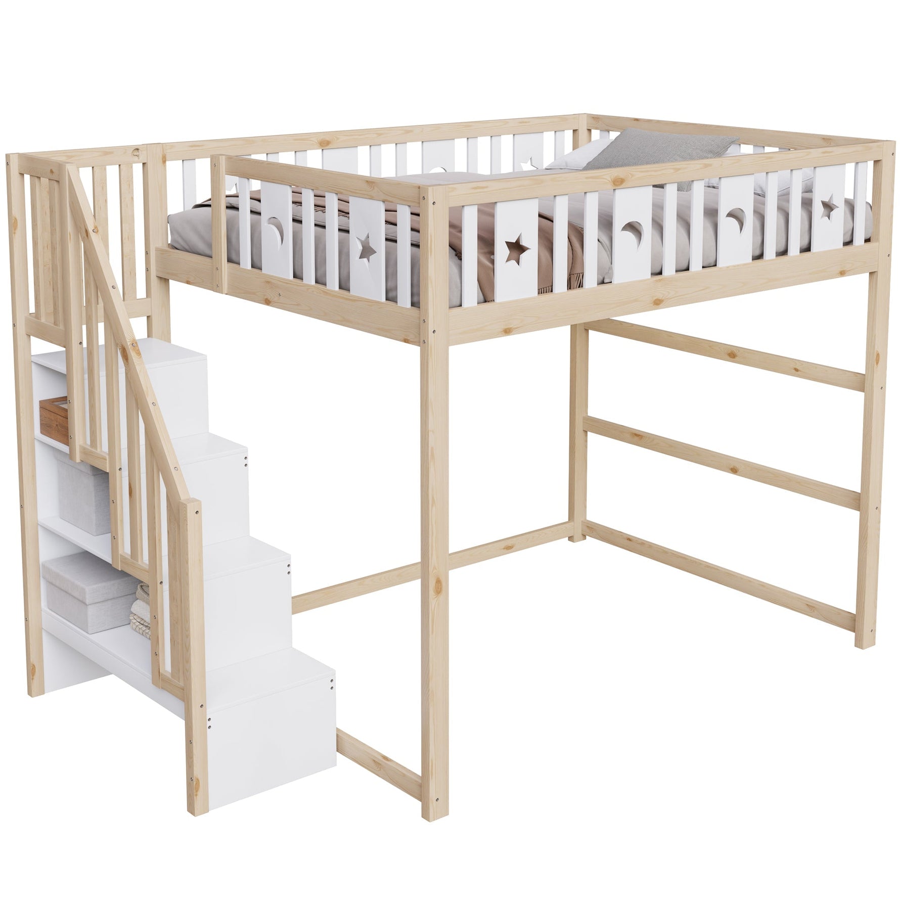 Children's Loft Bed 140x200 with Stairs Safety Railing Star & Moon Decor Solid Wood
