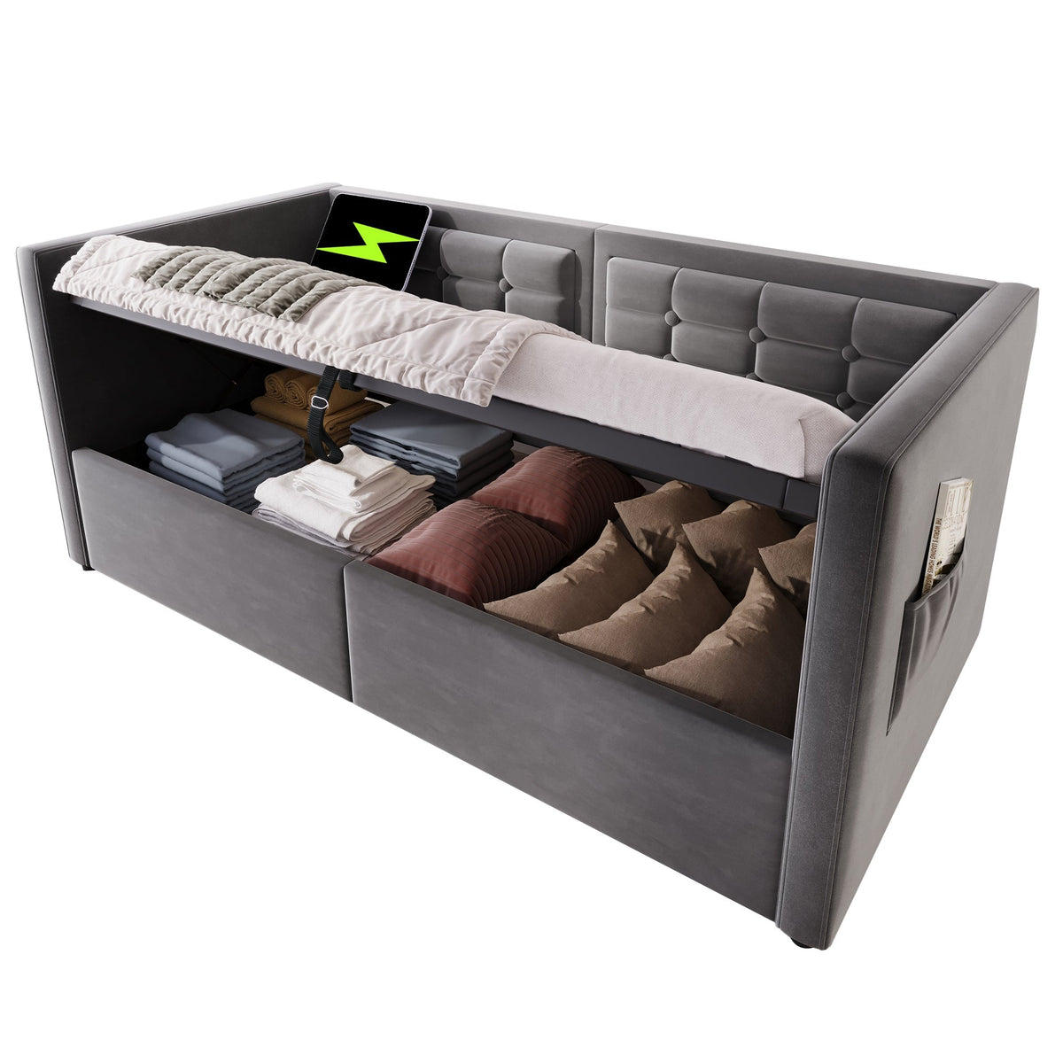Sofa Bed, Upholstered with Hydraulic Storage, USB & Type-C Charging, Gray Velvet