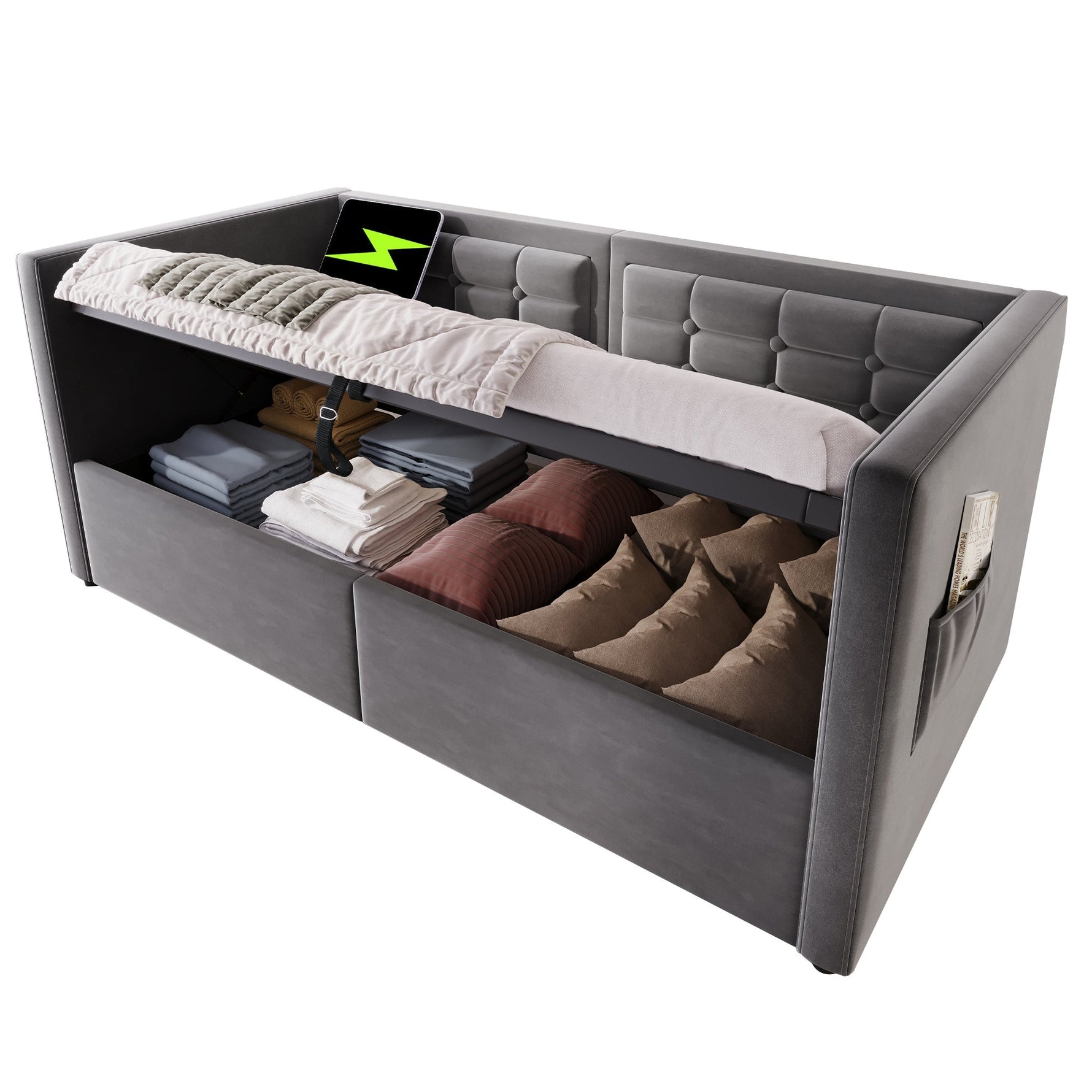 Upholstered Sofa Bed, 90x190 cm Single with USB & Type-C Charging, Gray Velvet