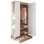Wardrobe 70x40x170cm Single Door with Shelves and Drawers, Natural Wood/White