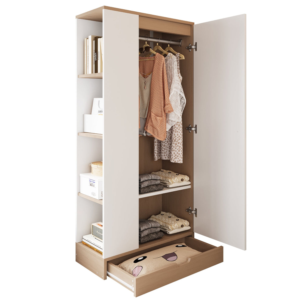 Wardrobe 70x40x170cm Single Door with Shelves and Drawers, Natural Wood/White
