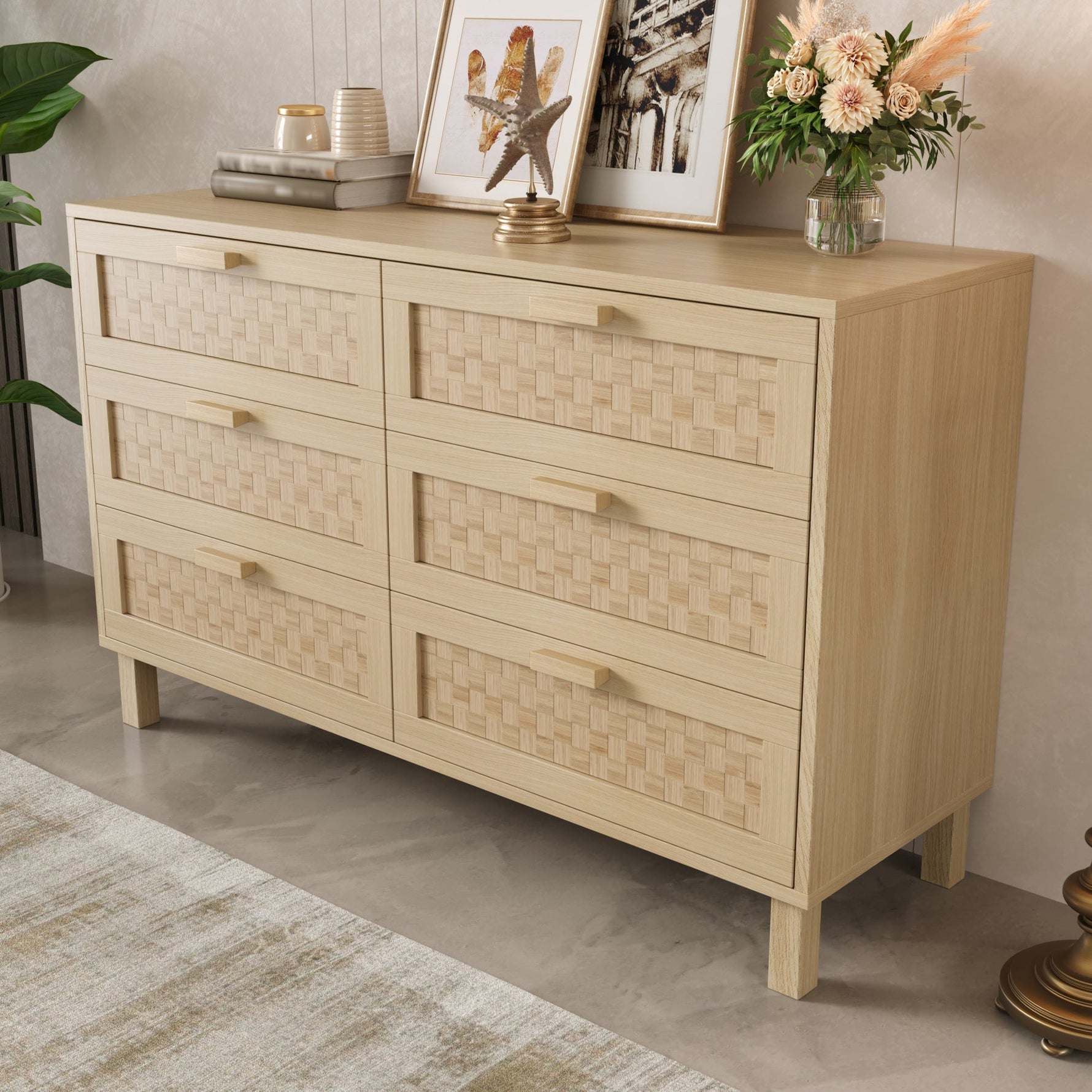 Sideboard & Chest of Drawers, 6-Drawer Rattan Look, Natural Wood
