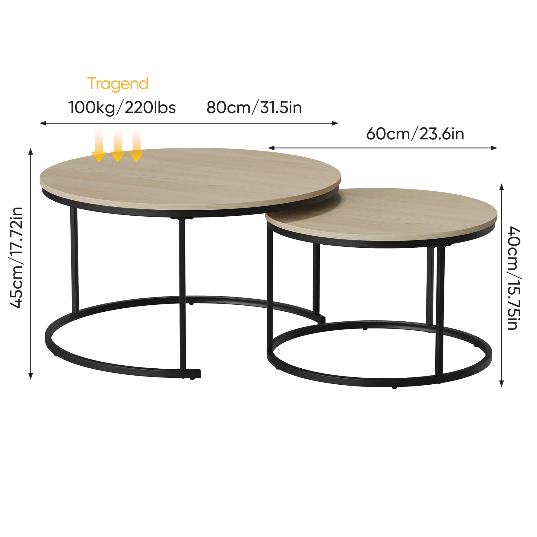 Nesting Coffee Table Set, Two-piece Round 80cm Modern Design, Oak Veneer and Metal Frame