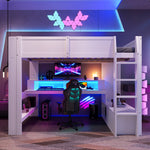 Loft Bed 140x200cm Gaming Desk LED Drawer Shelves - White